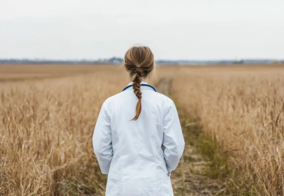 Femme médecin sur chemin de blés couchés à travers un champ @ CStock / stock.adobe.com. Image générée par IA