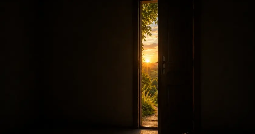 Porte entrouverte sur un coucher de soleil @ Image générée par IA