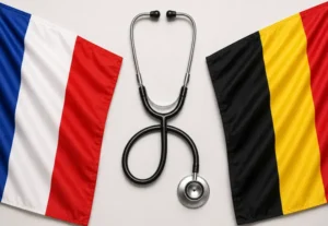 Drapeau français et drapeau belge, avec stéthoscope © Image générée par IA