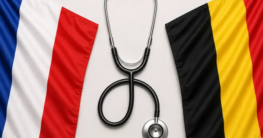 Drapeau français et drapeau belge, avec stéthoscope © Image générée par IA